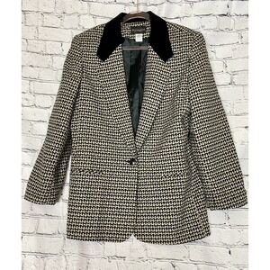 Vintage Requirements Plaid Black Tan Wool Blend Velvet Collar Lined Blazer Sz 12